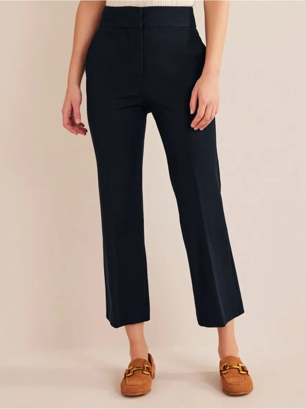 Boden Navy Blue Bi Stretch Flare Crop Trousers High Waist Cotton Blend Size US 8